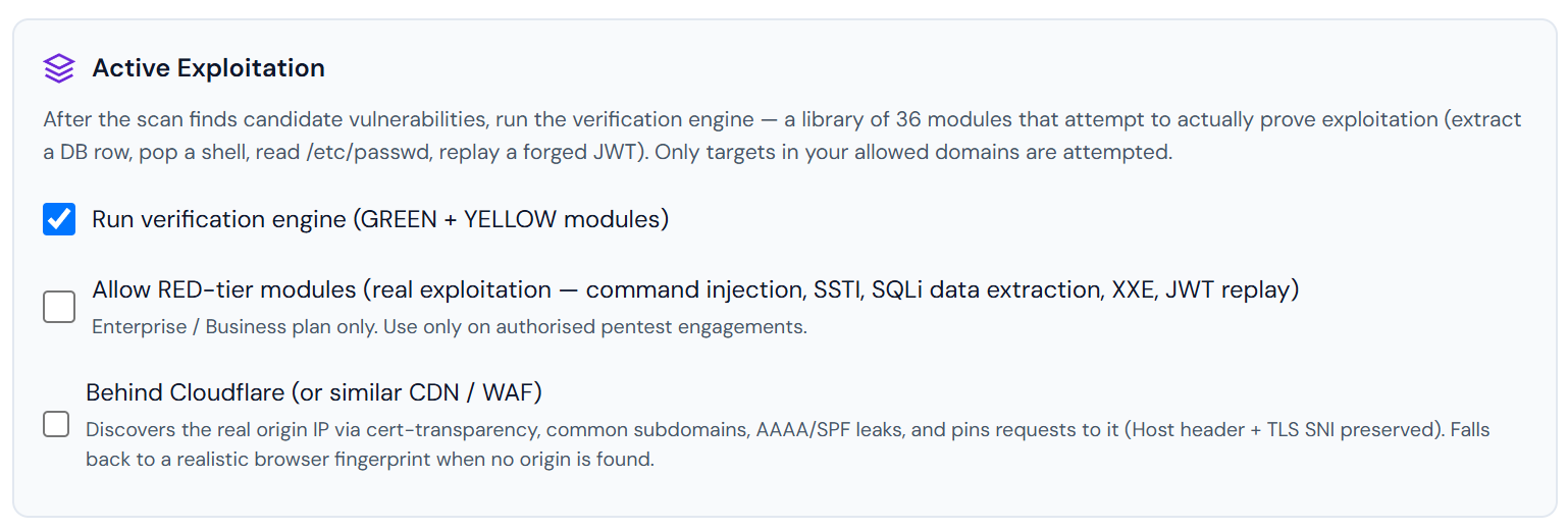 Active exploitation — a 36-module verification engine that actually exploits each candidate finding (RED-tier: command injection, SSTI, SQLi extraction, XXE, JWT replay).
