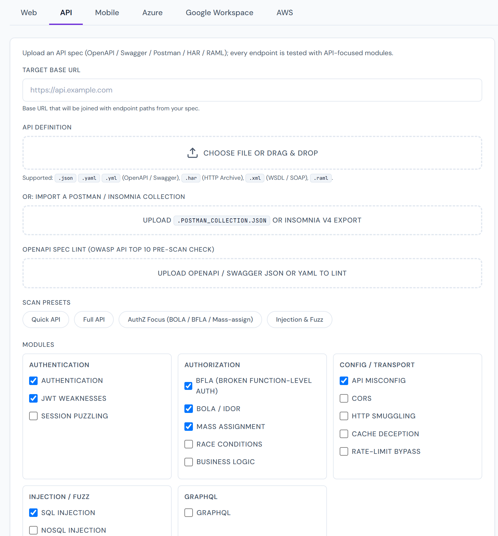 API scan — upload an OpenAPI/Swagger, Postman, HAR, RAML or WSDL spec, lint it against the OWASP API Top 10, and select modules.