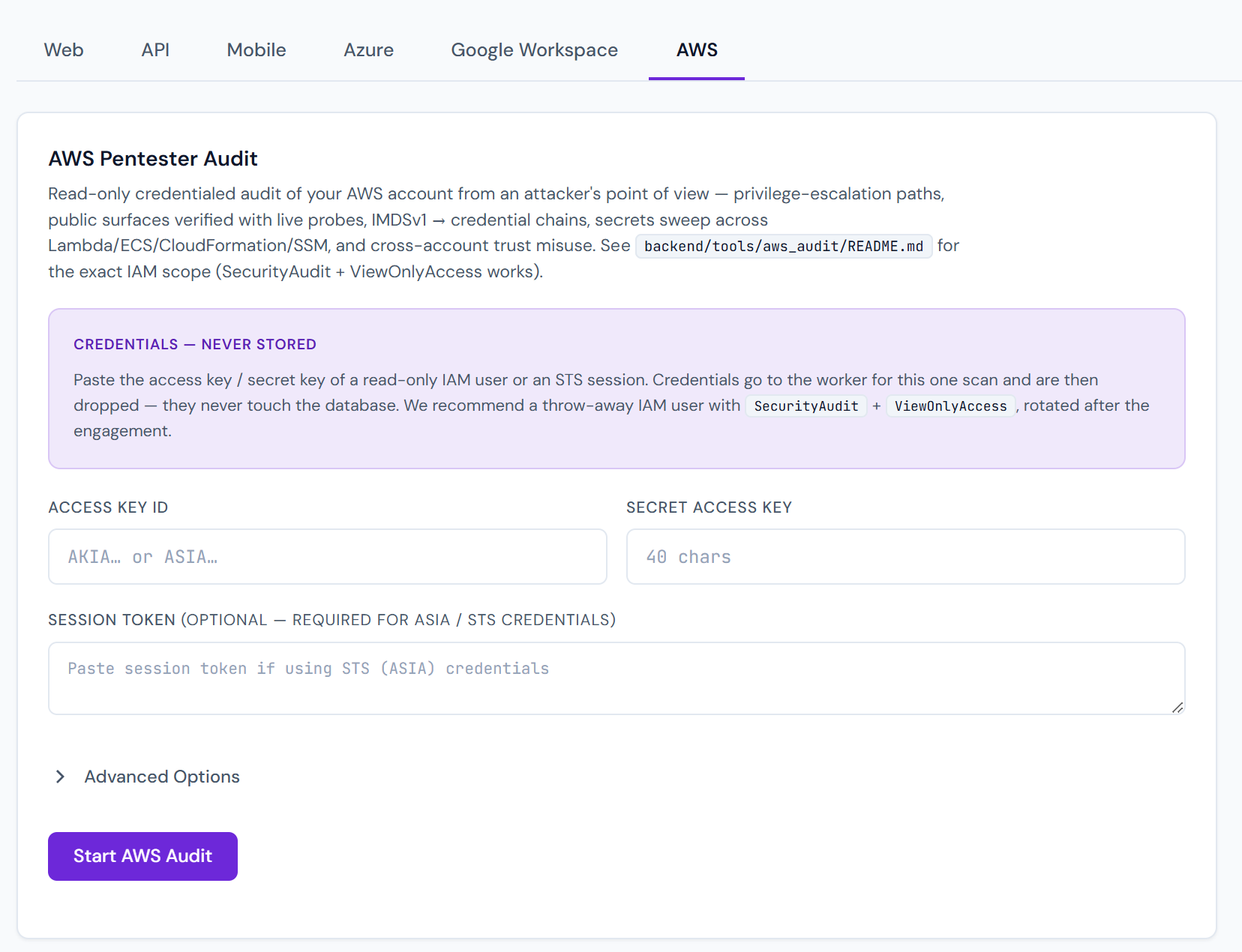 AWS Pentester Audit — a read-only credentialed audit from an attacker's point of view (priv-esc paths, IMDSv1 credential chains, secrets sweep).