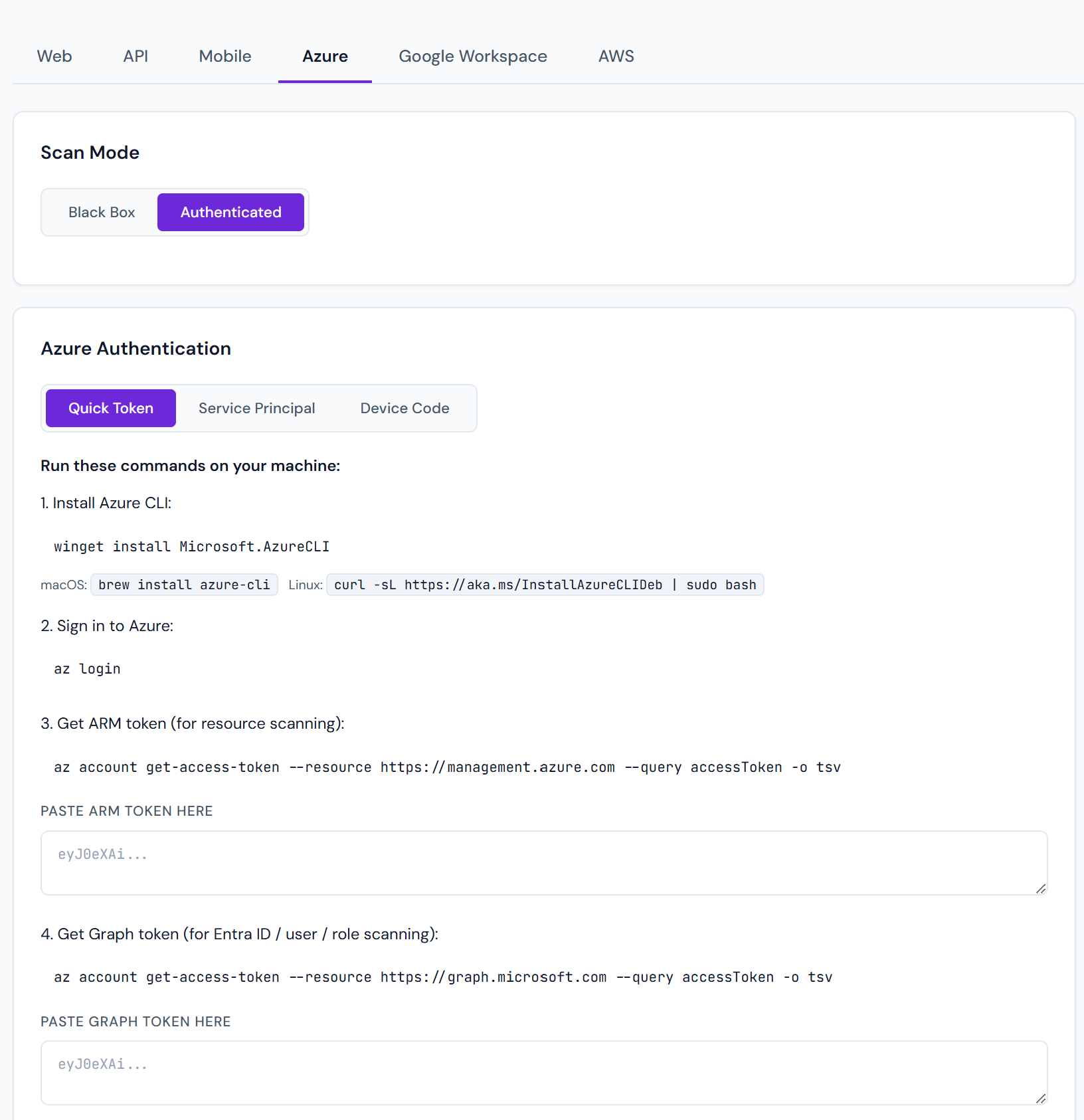Connect an Azure tenant with a quick token, service principal, or device code — read-only ARM + Microsoft Graph access.