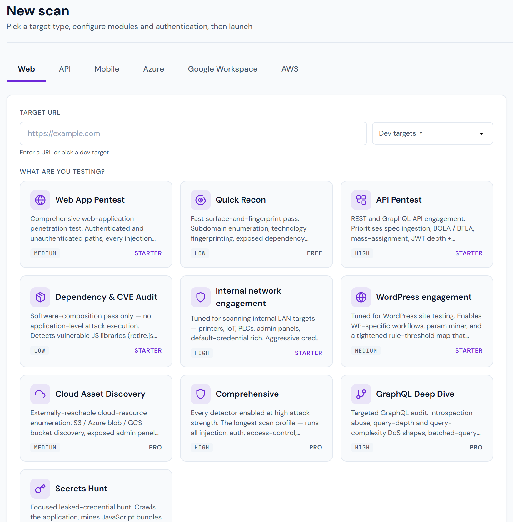 Starting a scan — pick a target type, then a ready-made scan profile (or go fully custom).