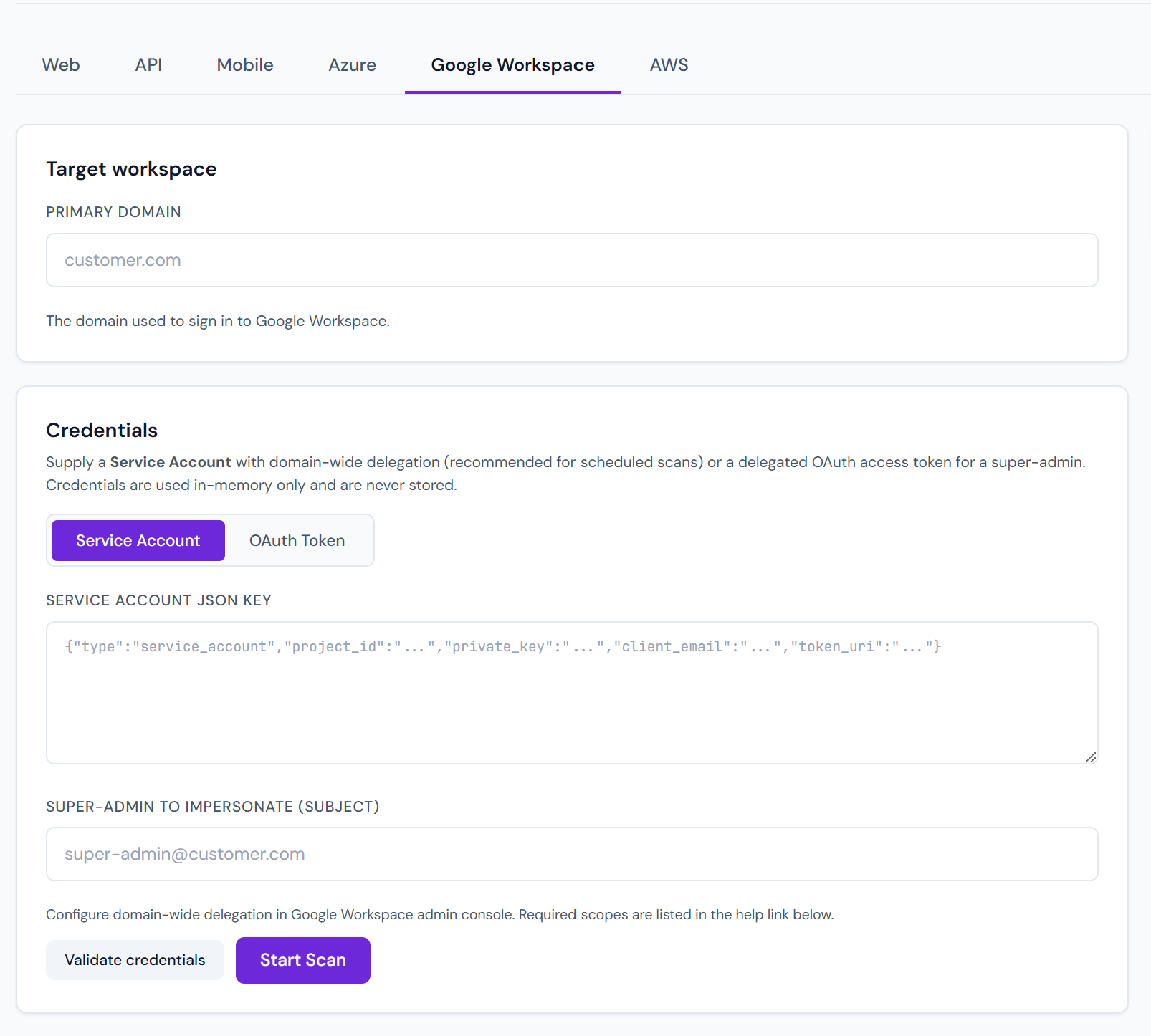 Google Workspace — connect a service account with domain-wide delegation (or an OAuth token) and impersonate a super-admin, read-only.