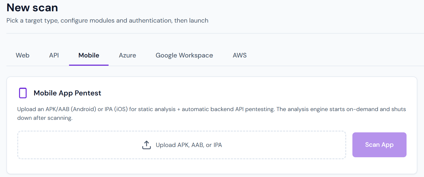 Mobile App Pentest — upload an APK/AAB (Android) or IPA (iOS) for static analysis plus automatic backend API pentesting.