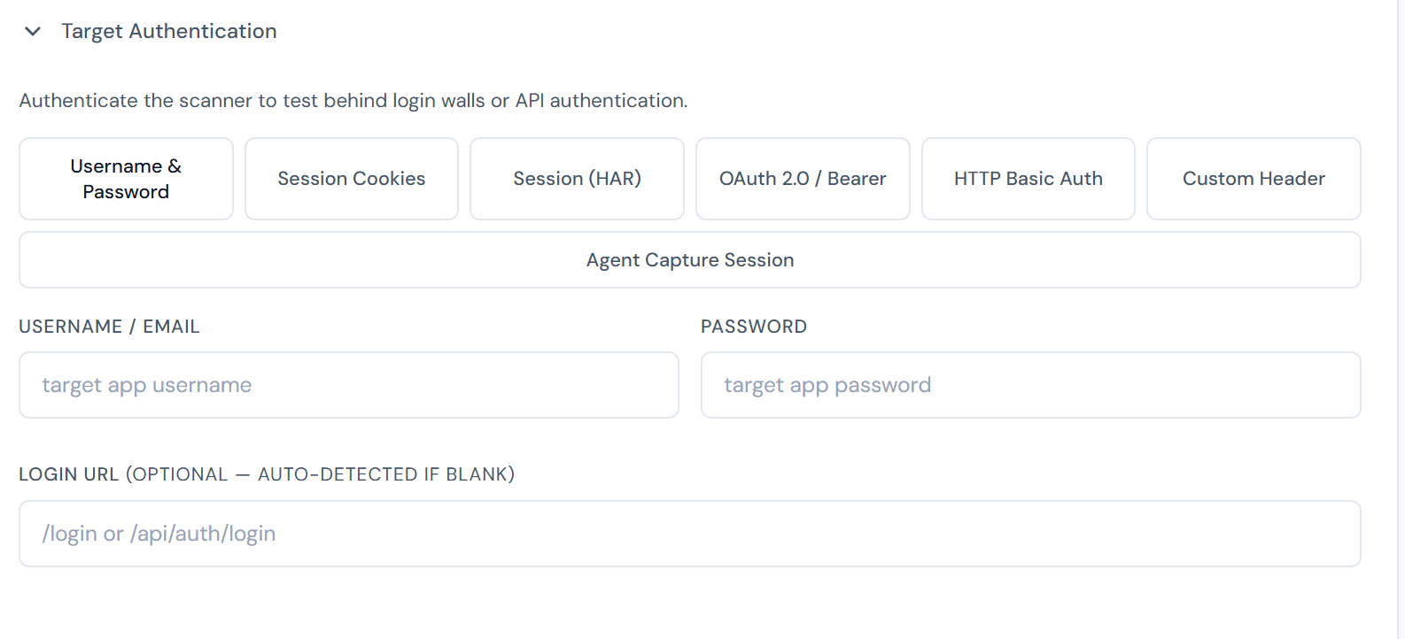 Target authentication — username/password, session cookies, HAR, OAuth 2.0 / Bearer, HTTP Basic, custom header, or an agent-captured session.