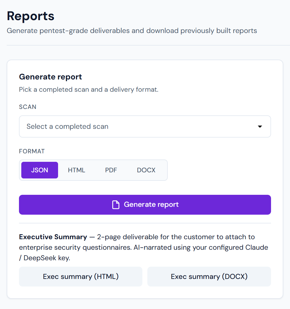 Generate deliverables in JSON, HTML, PDF, or DOCX — plus a 2-page executive summary for security questionnaires, AI-narrated with your own key.