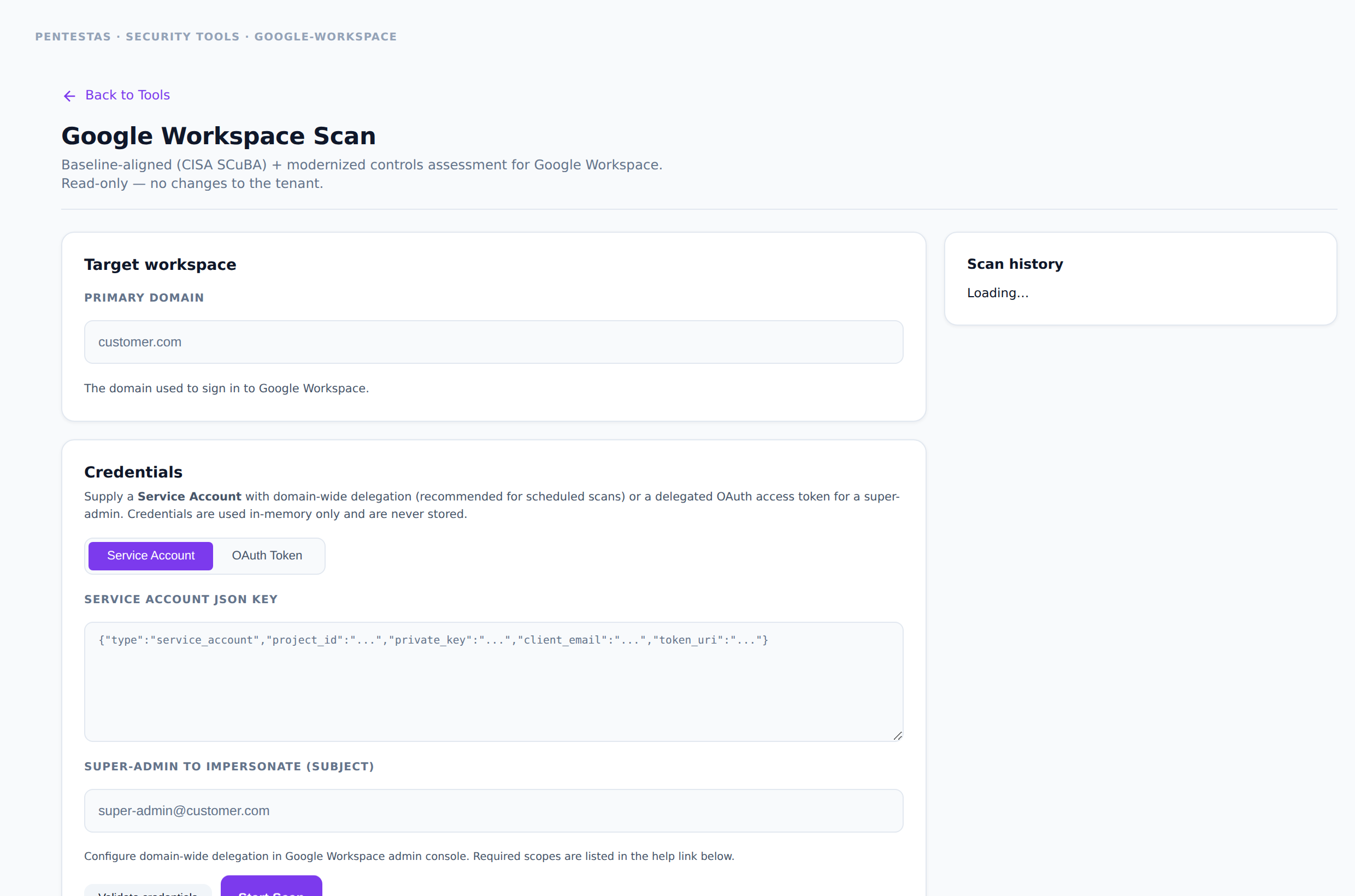 Google Workspace Scan — Read-only CISA SCuBA–aligned assessment for Google Workspace.