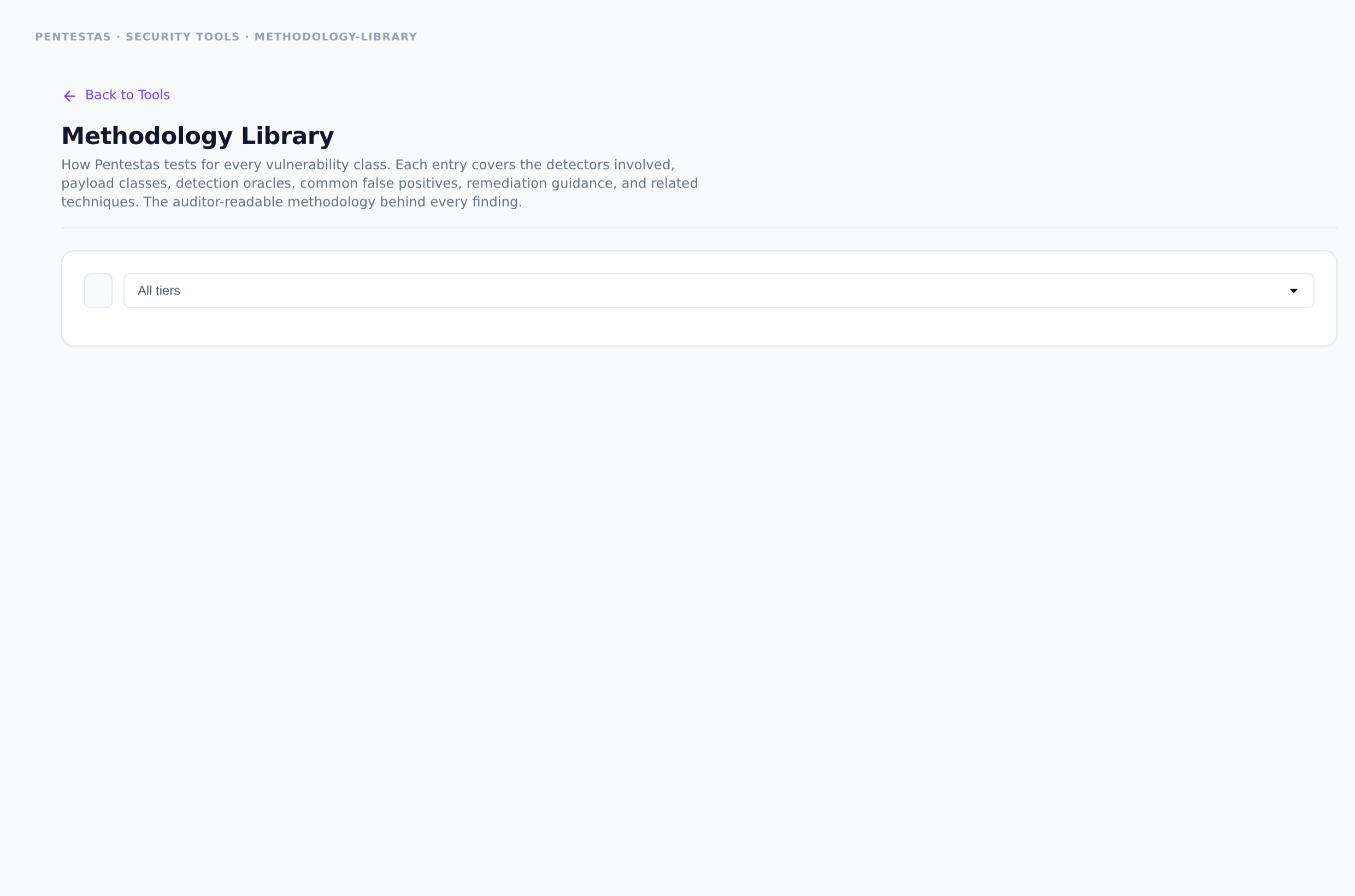 Methodology Library — Auditor-readable methodology behind every vulnerability class Pentestas tests.