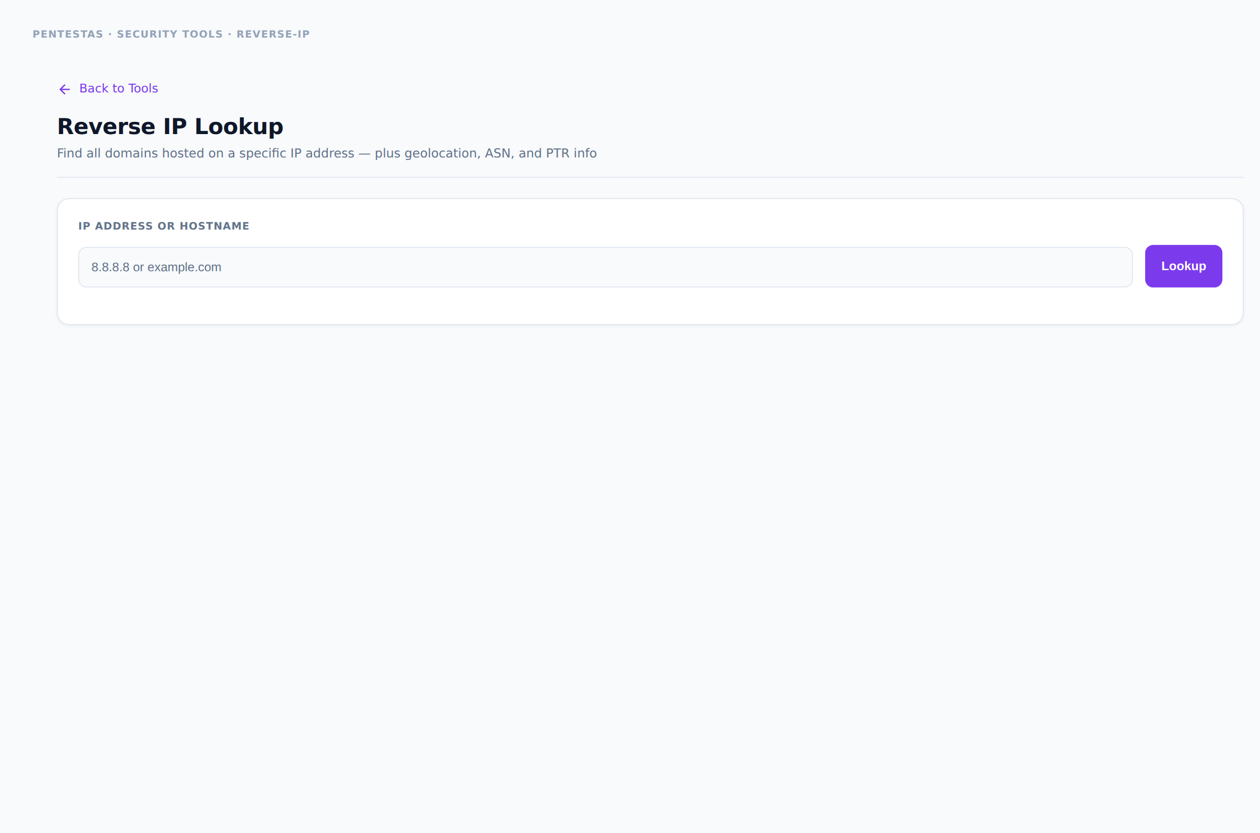 Reverse IP Lookup — Find domains hosted on an IP, plus geo/ASN/PTR context.