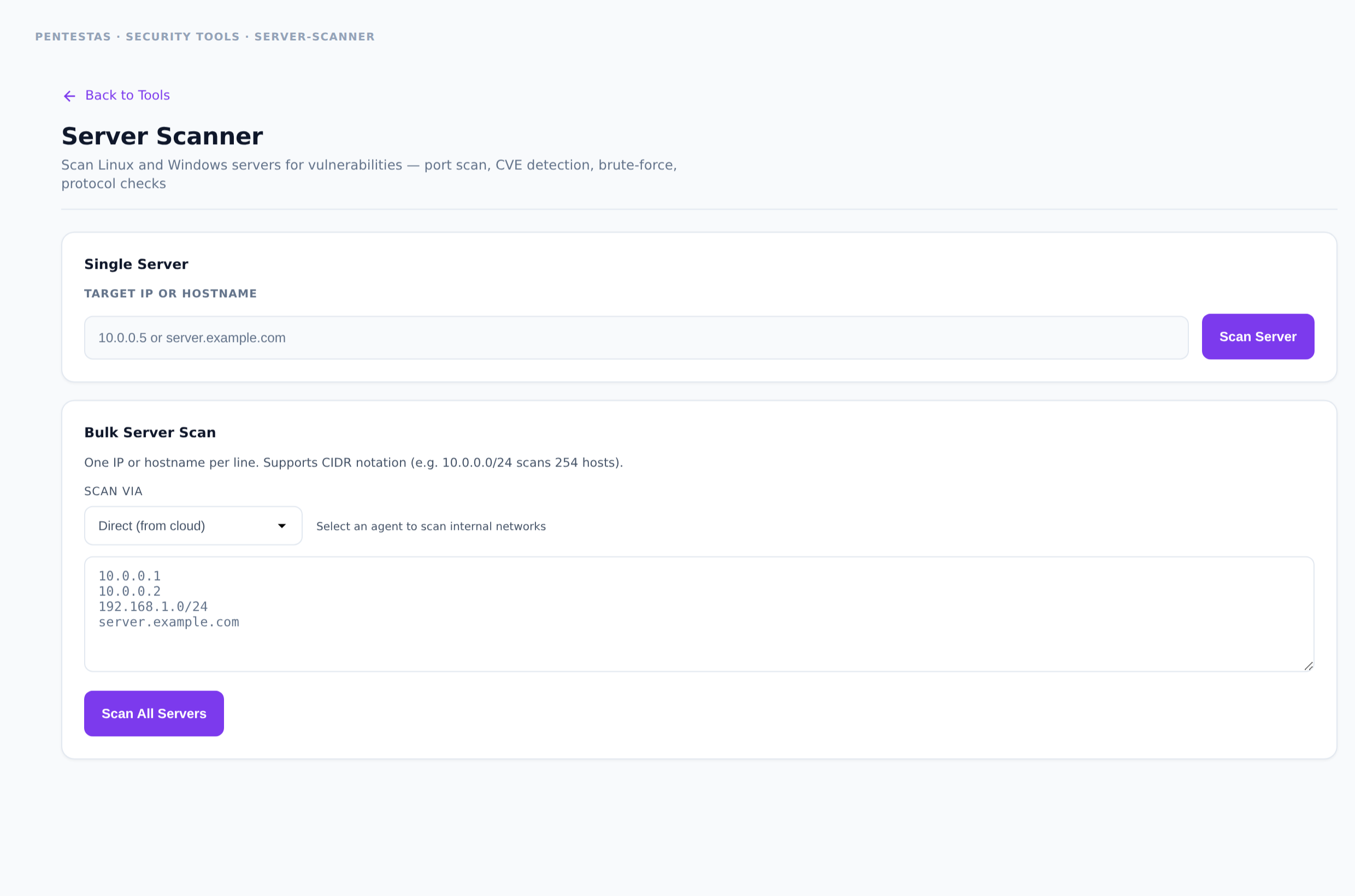 Server Scanner — Scan Linux/Windows servers for open ports, CVEs, and weak services.